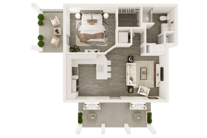 A 3D image of the Garden Home floorplan, a 644 squarefoot, 1 bed / 1 bath unit