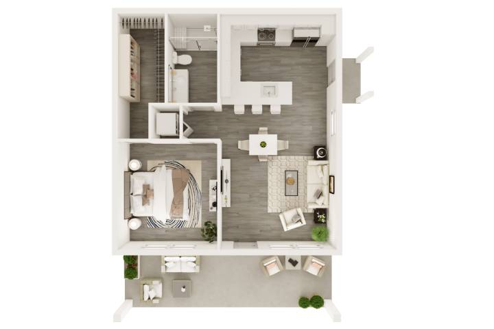 A 3D image of the Bungalow w/ Front Yard floorplan, a 728 squarefoot, 1 bed / 1 bath unit