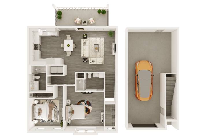 A 3D image of the Townhome floorplan, a 1189 squarefoot, 2 bed / 2 bath unit