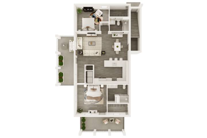 A 3D image of the Loft floorplan, a 1340 squarefoot, 2 bed / 2 bath unit