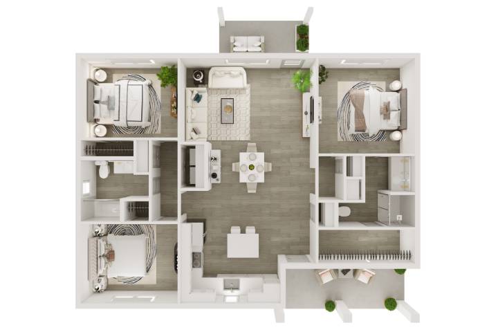 A 3D image of the Cottage w/ Back Yard floorplan, a 1269 squarefoot, 3 bed / 2 bath unit